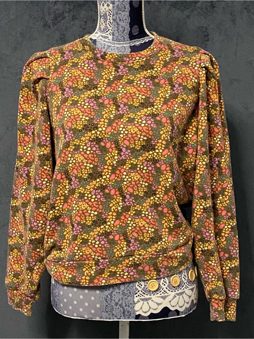 Marine Layer Sweatshirt Enya Puff Sleeve Womens S Colorful Cheetah Ditsy Floral